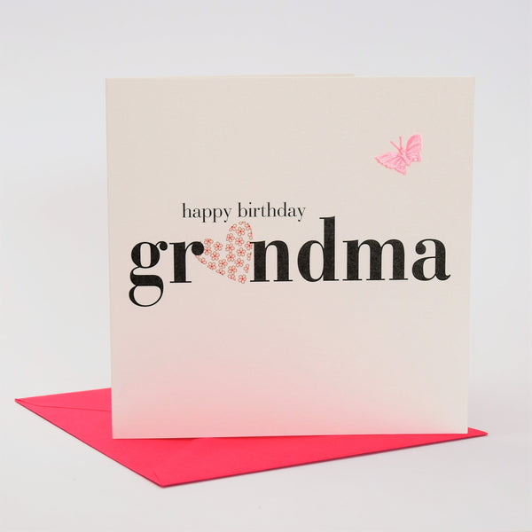 Birthday Card, Heart, Happy Birthday Grandma, fabric butterfly Embellished