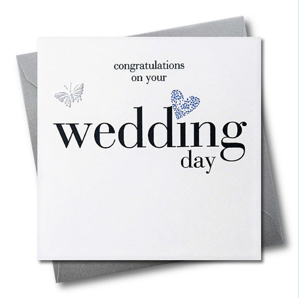 Wedding Congratulations Card, Silver Heart, fabric butterfly Embellished