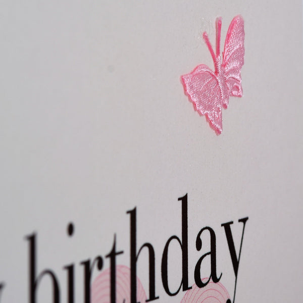 Birthday Card, Heart, Happy Birthday Gran, embellished with a fabric butterfly