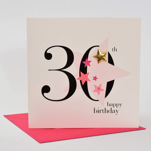 Birthday Card, Pink Star, Happy 30th Birthday, Embellished with a padded star