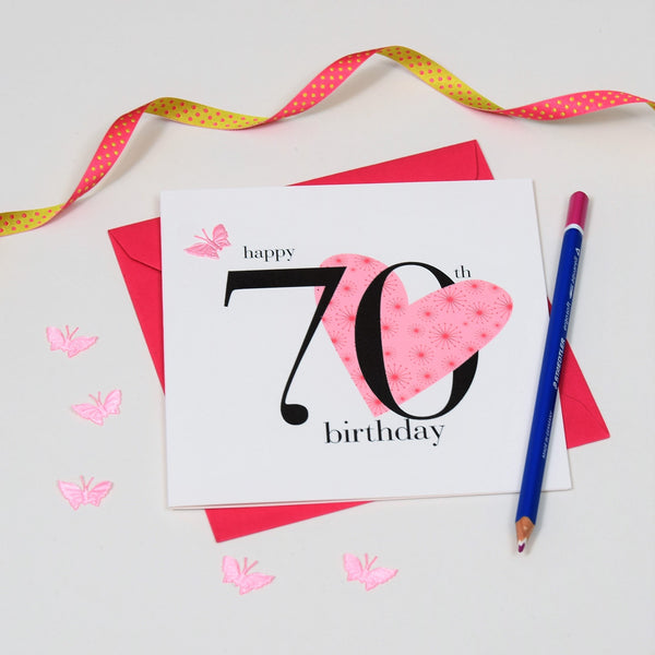 Birthday Card, Pink Heart, Happy 70th Birthday, fabric butterfly Embellished
