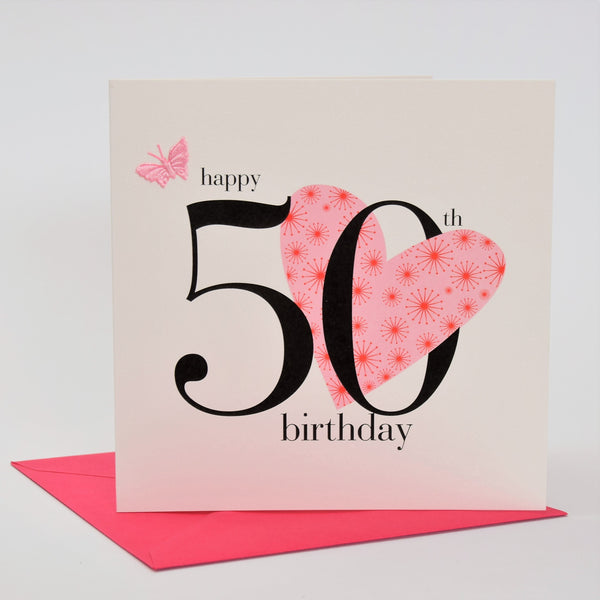 Birthday Card, Pink Heart, Happy 50th Birthday, fabric butterfly Embellished