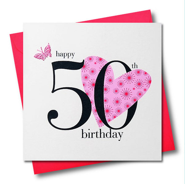 Birthday Card, Pink Heart, Happy 50th Birthday, fabric butterfly Embellished