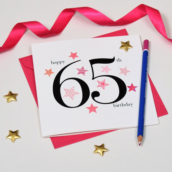Birthday Card, Pink Stars, Happy 65th Birthday, Embellished with a padded star