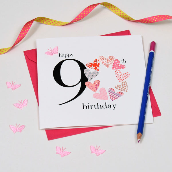 Birthday Card, Pink Hearts, Happy 90th Birthday, fabric butterfly Embellished