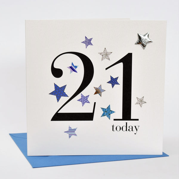 Birthday Card, Blue Stars, 21 today, Embellished with a shiny padded star