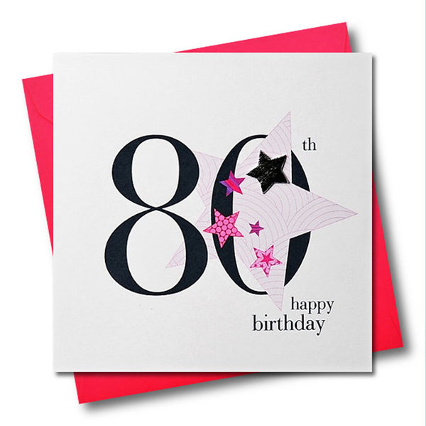 Birthday Card, Pink Star, Happy 80th Birthday, Embellished with a padded star