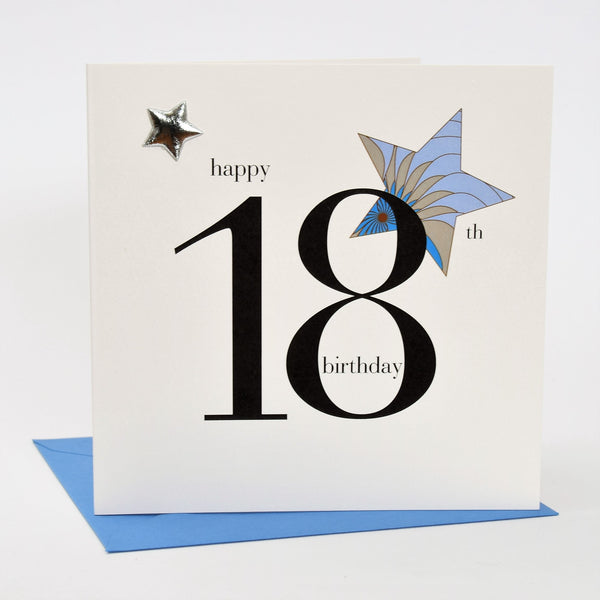 Birthday Card, Blue Star, Happy 18th Birthday, Embellished with a padded star