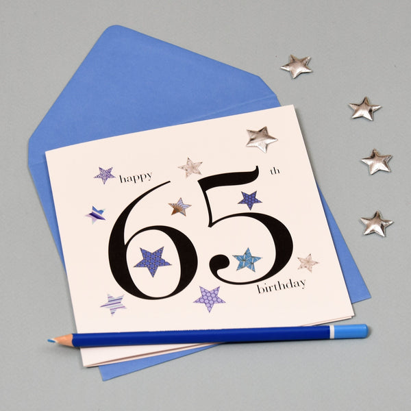 Birthday Card, Blue Stars, Happy 65th Birthday, Embellished with a padded star