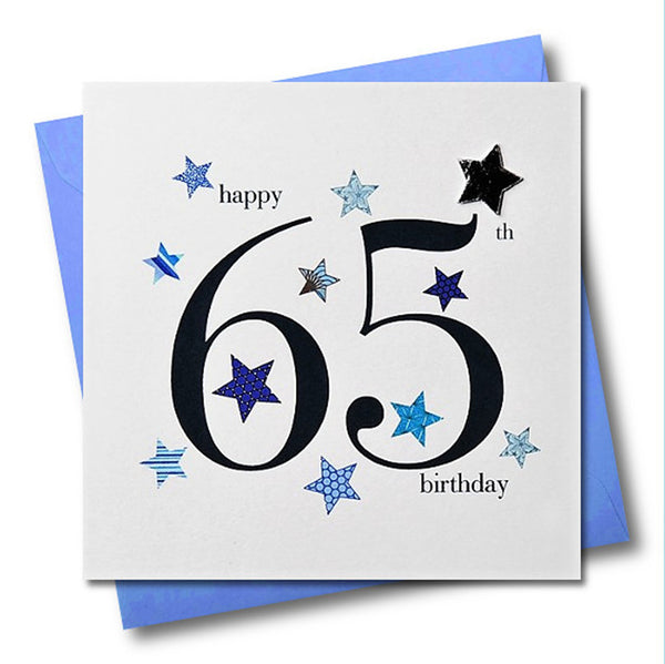 Birthday Card, Blue Stars, Happy 65th Birthday, Embellished with a padded star