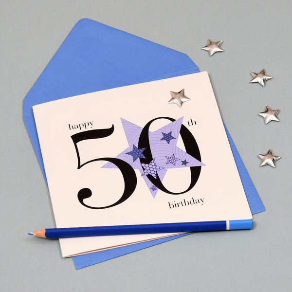 Birthday Card, Blue Star, Happy 50th Birthday, Embellished with a padded star