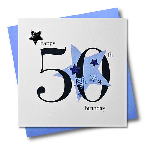 Birthday Card, Blue Star, Happy 50th Birthday, Embellished with a padded star