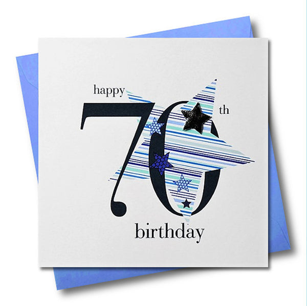 Birthday Card, Blue Stars, Happy 70th Birthday, Embellished with a padded star