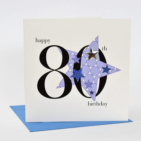 Birthday Card, Blue Stars, Happy 80th Birthday, Embellished with a padded star