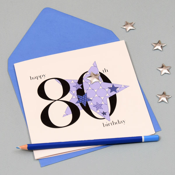 Birthday Card, Blue Stars, Happy 80th Birthday, Embellished with a padded star