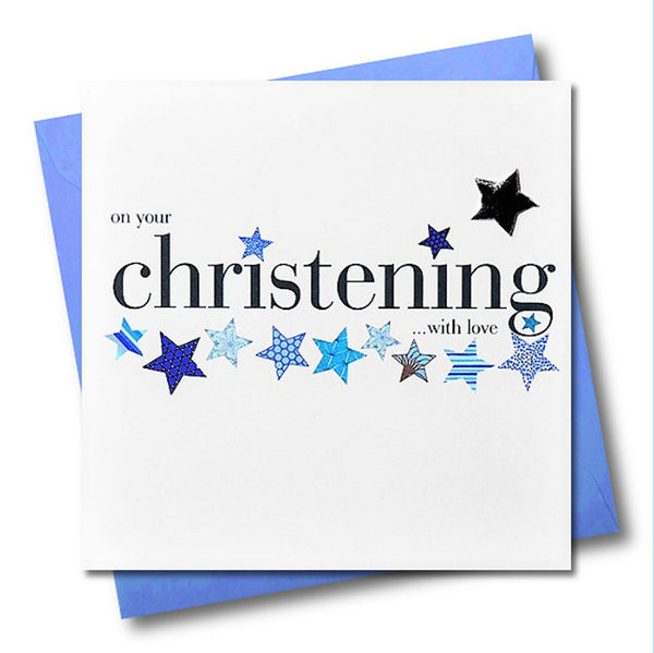 Baby Christening Card, Blue Stars, Embellished with a padded star