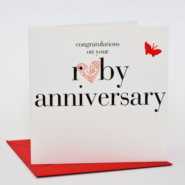 Ruby Wedding Anniversary Card, Pink Heart, fabric butterfly Embellished