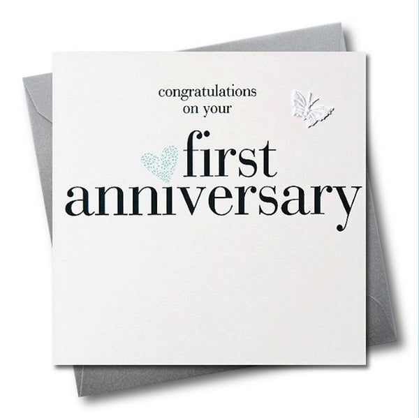 1st Wedding Anniversary Card, Silver Heart, fabric butterfly Embellished
