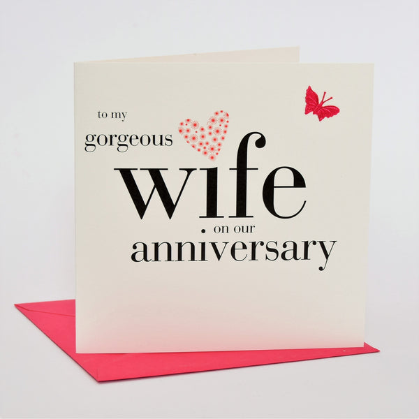 Wife Wedding Anniverary Card, Pink Heart, fabric butterfly Embellished