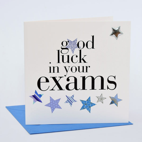 Exam Good Luck Card, Blue Stars, Embellished with a padded star