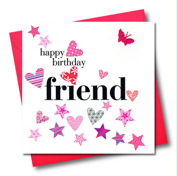 Birthday Card, Friend, Pink Hearts and Stars, fabric butterfly Embellished
