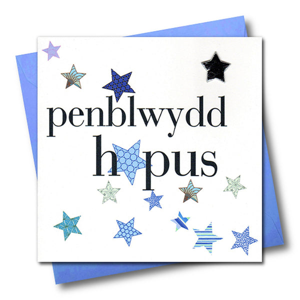 Welsh Birthday Card, Penblwydd Hapus, Blue Stars, padded star embellished