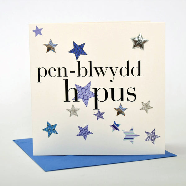 Welsh Birthday Card, Penblwydd Hapus, Blue Stars, padded star embellished