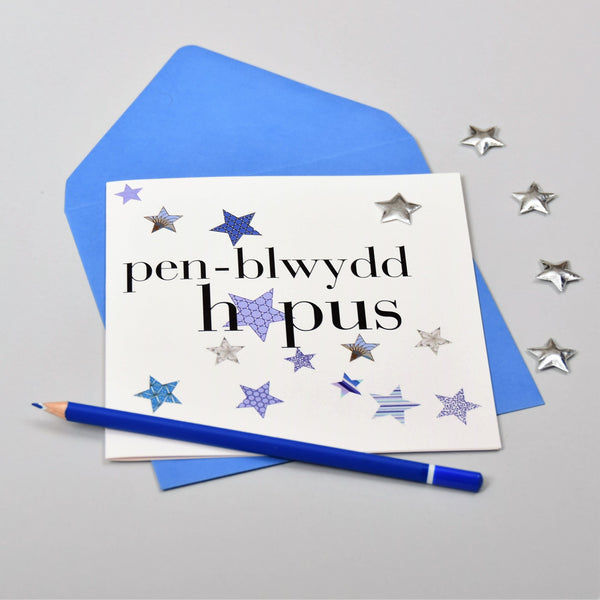 Welsh Birthday Card, Penblwydd Hapus, Blue Stars, padded star embellished