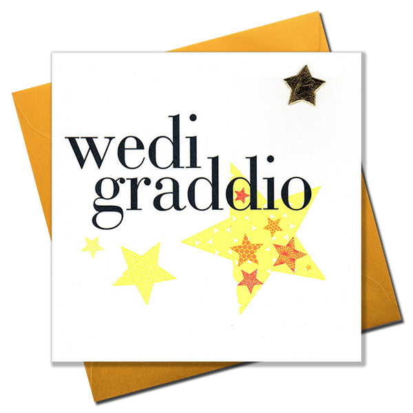 Welsh Graduation Congratulations Card, Blue Stars, padded star embellished