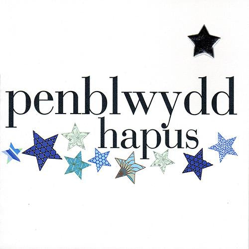 Welsh Birthday Card, Penblwydd Hapus, Blue Stars, padded star embellished