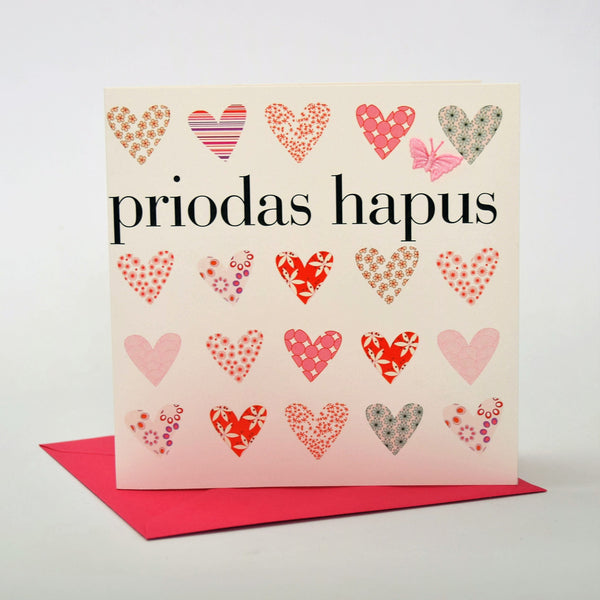 Welsh Wedding Congratulations Card, Love Hearts, fabric butterfly embellished