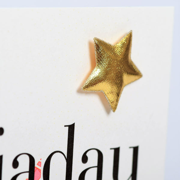 Welsh A Level Results Congratulations Card, Pink Stars padded star embellished