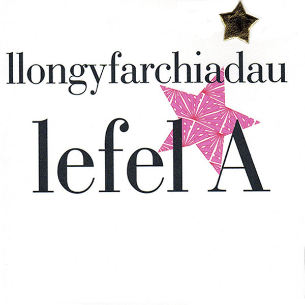 Welsh A Level Results Congratulations Card, Pink Stars padded star embellished