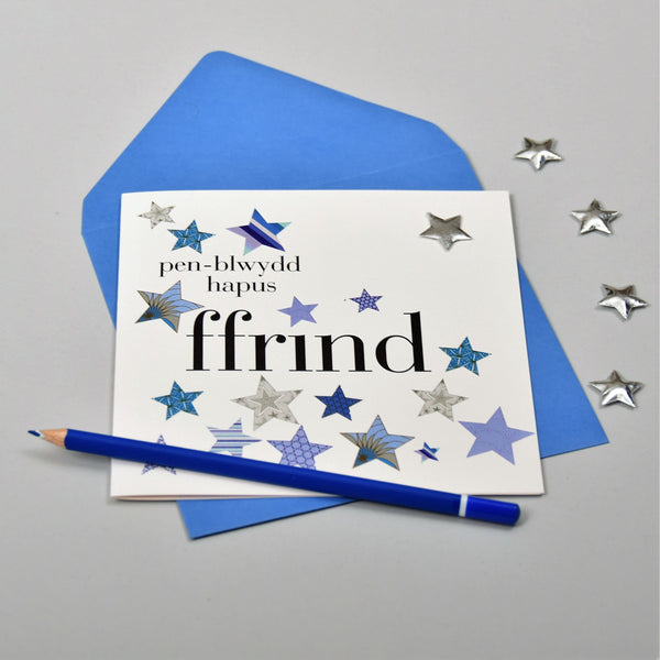 Welsh Friend Birthday Card, Penblwydd Hapus, Blue Stars, padded star Embellished