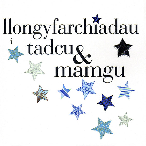 Welsh Congratulations Grandparents Card, Tadcu & Mamgu, padded star embellished
