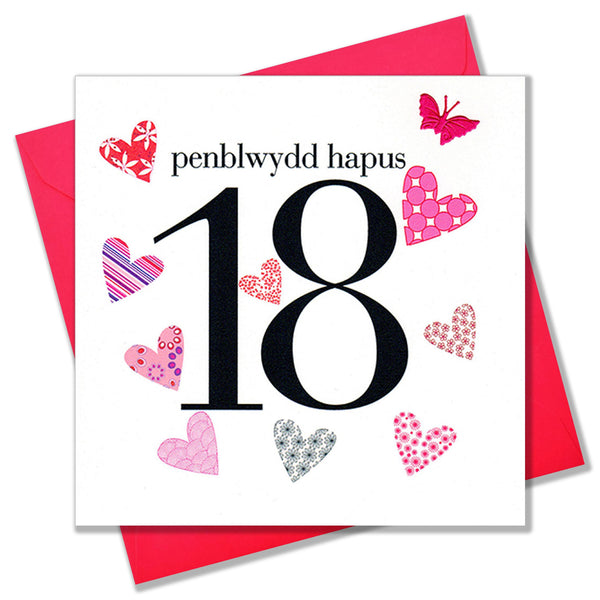 Welsh 18th Birthday Card, Penblwydd Hapus, fabric butterfly embellished