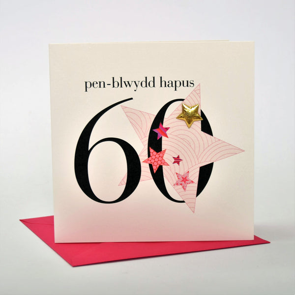 Welsh 60th Birthday Card, Penblwydd Hapus, Pink Hearts, padded star embellished