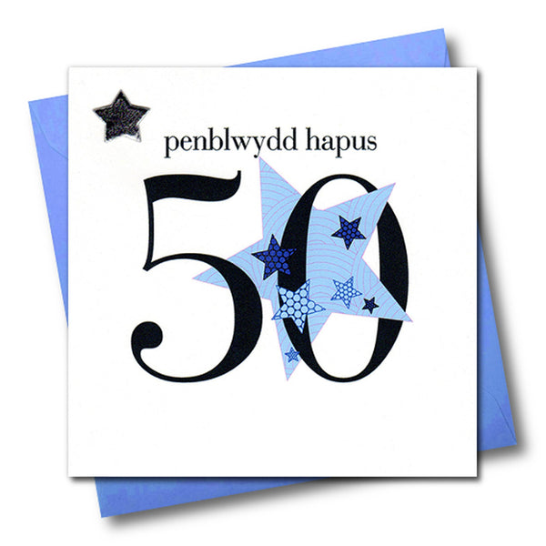 Welsh 50th Birthday Card, Penblwydd Hapus, Blue Star, padded star embellished