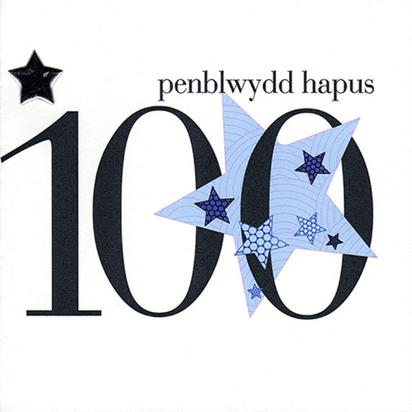 Welsh 100th Birthday Card, Penblwydd Hapus, Blue Stars, padded star embellished