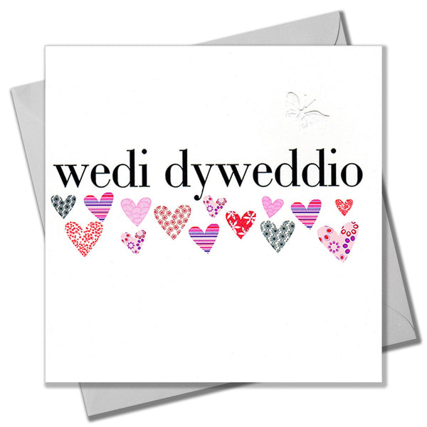 Welsh Engagement Wedding Card, Pink Hearts, fabric butterfly embellished