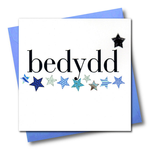 Welsh Christening Card, Blue Stars, Baptism, padded star embellished
