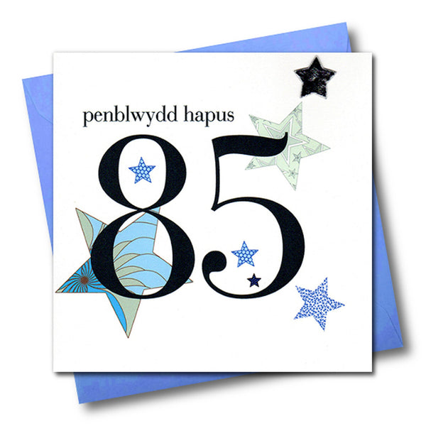 Welsh 85th Birthday Card, Penblwydd Hapus, Blue Stars, padded star embellished
