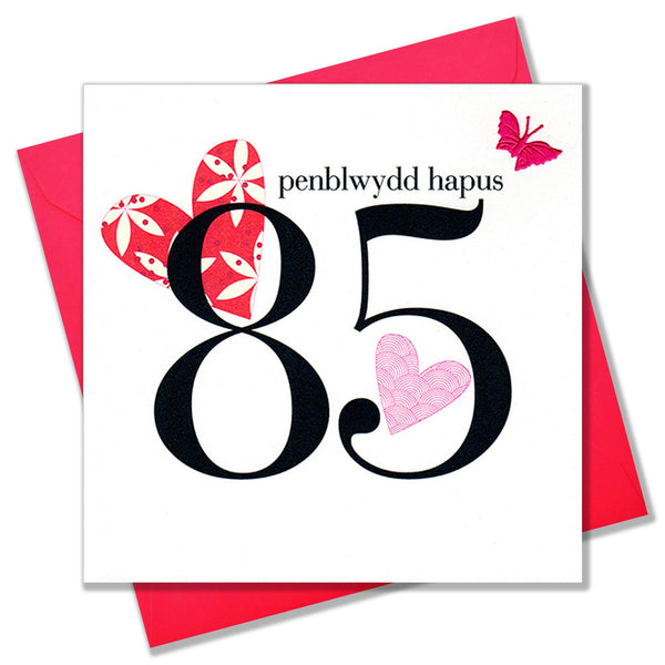 Welsh 85th Birthday Card, Penblwydd Hapus, Pink, fabric butterfly embellished