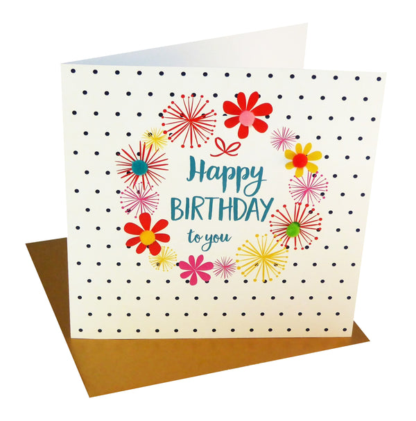 Brithday Card, Flowers and Dotty Background, Embellished with pompoms