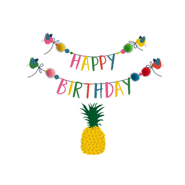 Brithday Card, Birdies, Bunting and Pineapple, Embellished with pompoms