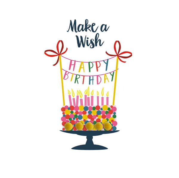 Everyday Card, Birthday Cake, Make a Wish, Embellished with colourful pompoms