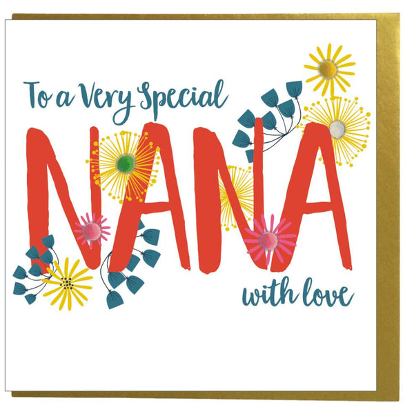 Birthday Card, Flowers, Special Nana with Love, Embellished with pompoms