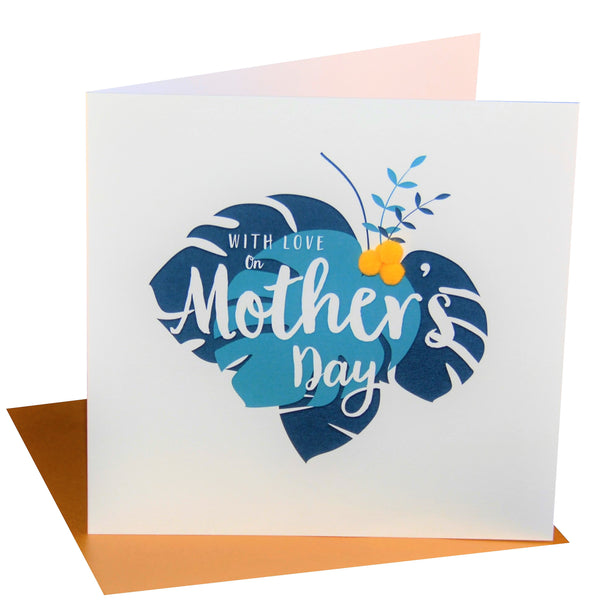 Mother's Day Card, Tropical Leaves, Embellished with colourful pompoms