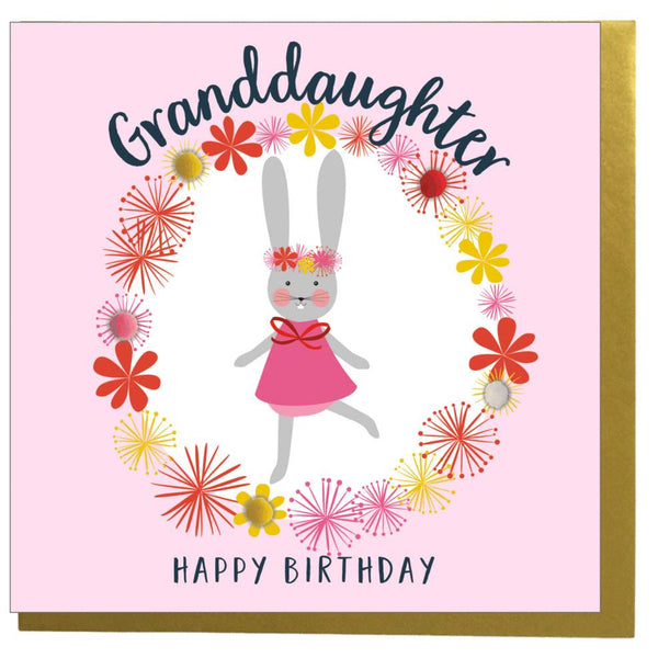 Birthday Card, Flowers, Granddaughter, Happy Birthday, Embellished with pompoms