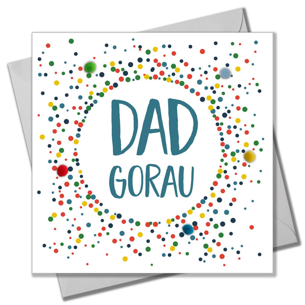 Welsh Father's Day Card, Sul y Tadau Hapus, Dad, Colour DotsPompom Embellished